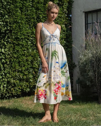 Vibrant Scenic Print Front Tie Spaghetti Strap Midi Dress