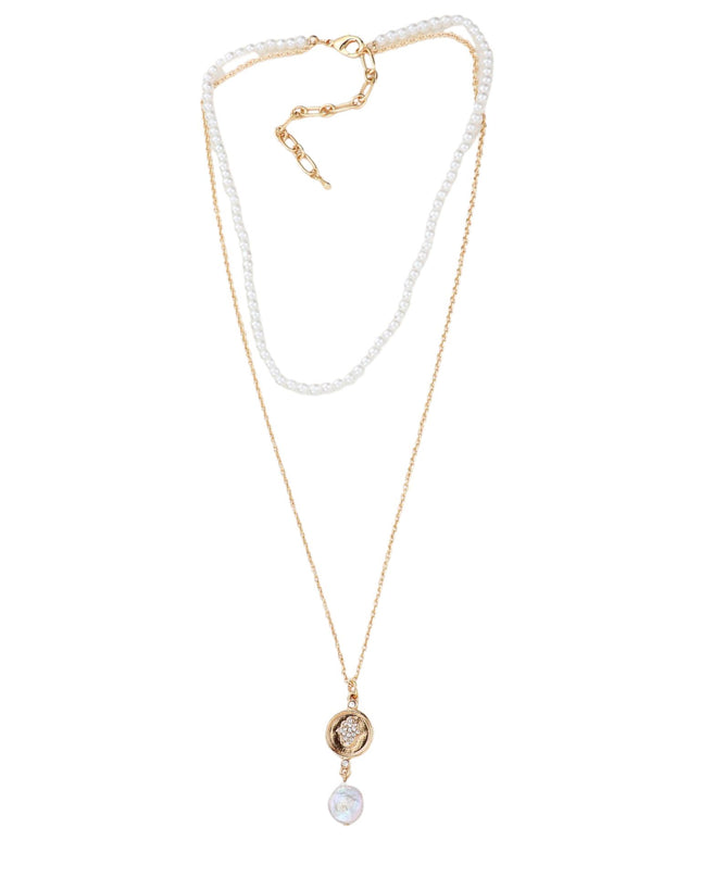 Rhinestone Hamsa Hand Pearl Double Layered Necklace