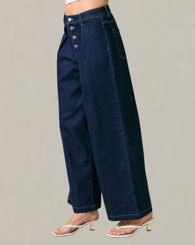 Button Front Pleated Indigo Denim Pants