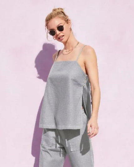 Button Side Linen Split Open Tank Top