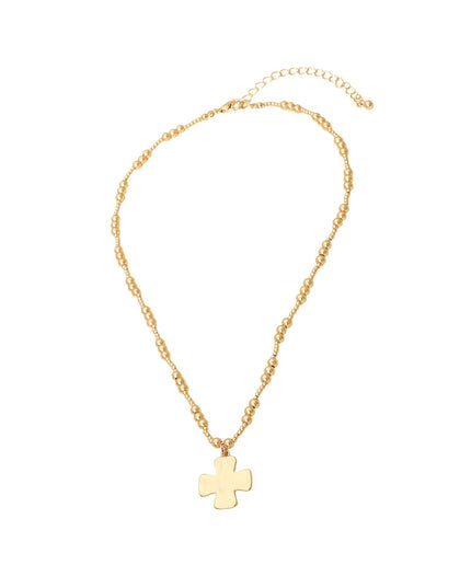 Brushed Hammered Metal Cross Pendant Beaded Chain Necklace