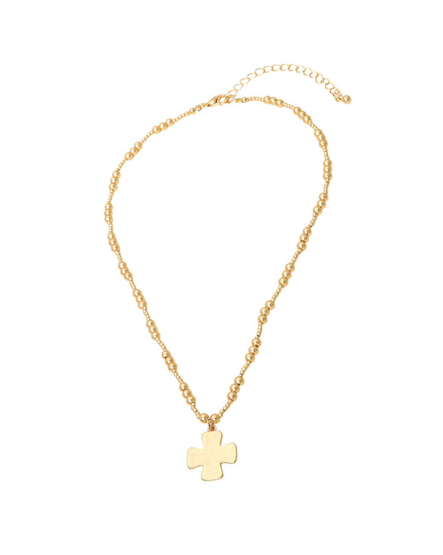 Brushed Hammered Metal Cross Pendant Beaded Chain Necklace