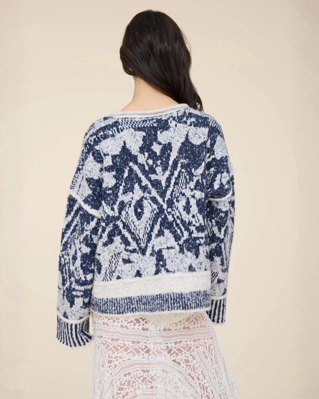 Heathered Geometric Print Raw Edge Sweater