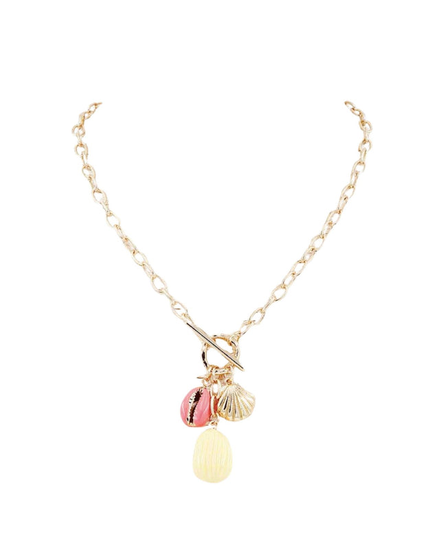 Enamel Puka Shell Gold Clam Shell Pendant Chain Link Toggle Necklace