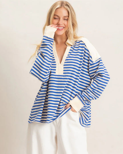 Striped Contrast Shoulders Collared Henley Sweatshirt