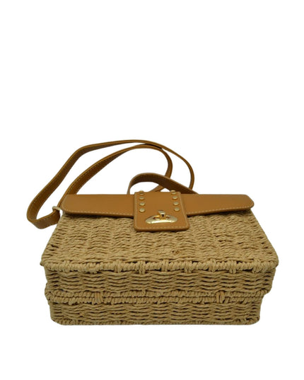 Boxy Straw Vegan Leather Detail Shoulder Bag
