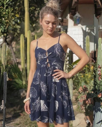Seashell Printed Spaghetti Strap Smocked Back Mini Dress