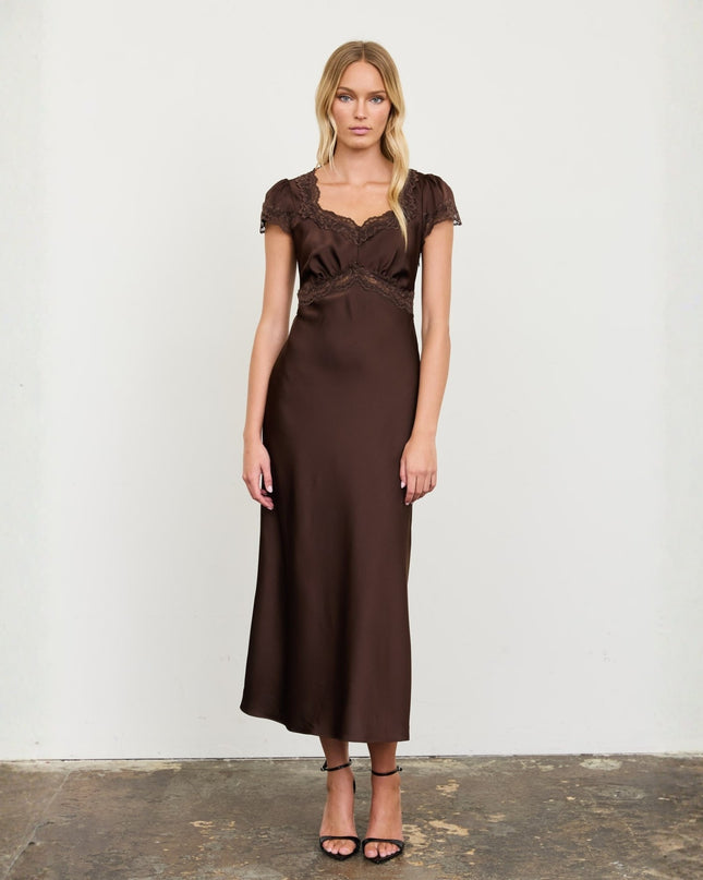 Satin Lace Trim Puff Short Sleeve Midi Dress
