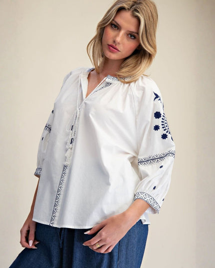 Embroidered Detail 3/4 Sleeve Top