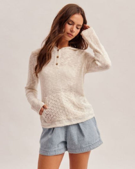 Crochet Back Front Pocket Henley Hooded Sweater