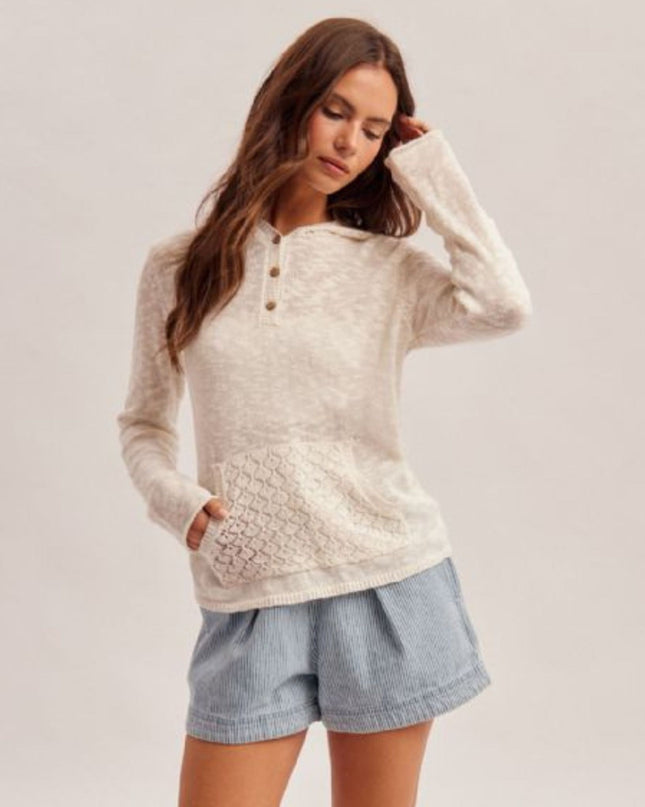 Crochet Back Front Pocket Henley Hooded Sweater