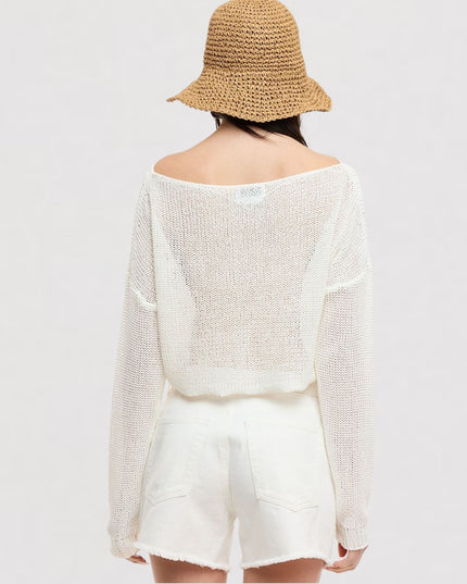 Open Knit Cropped Boat Neck Sweater