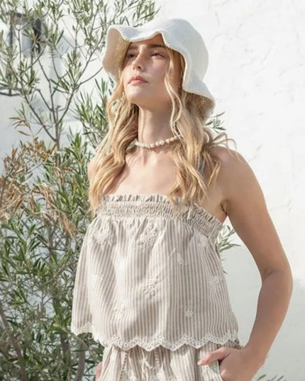 Embroidery Striped Spaghetti Strap Scallop Hem Top