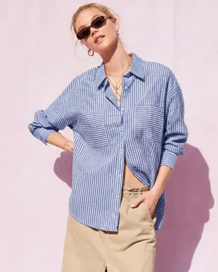 Pocket Front Striped Long Sleeve Button Down Top
