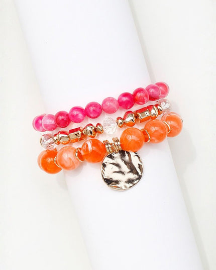 Hammered Metal Disc Charm Beaded Stretch Layered 3 Bracelet Set