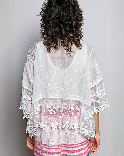 Airy Lace Contrast Half Sleeve V Neck Tie Front Cardigan Top