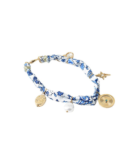 White Blue Scarf Pearl Metal Disc Charm Bracelet