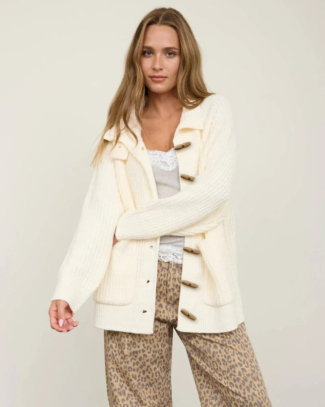 High Neck Ribbed Wood Toggle Long Cardigan Sweater
