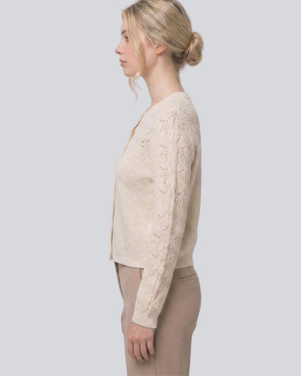 Pointelle Knit Sleeve Contrast Ribbed Button Down Cardigan Sweater