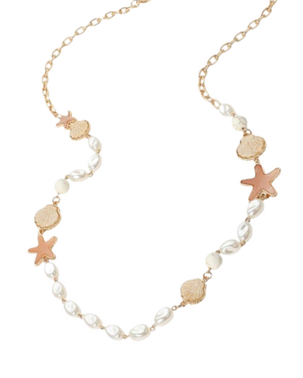 Sea Shell Starfish Pearl Link Long Gold Necklace
