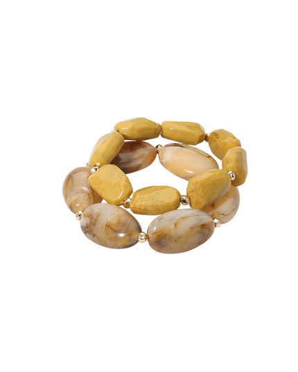 Oval Stone Gold Metal Ball Bead 2 Bracelet Set