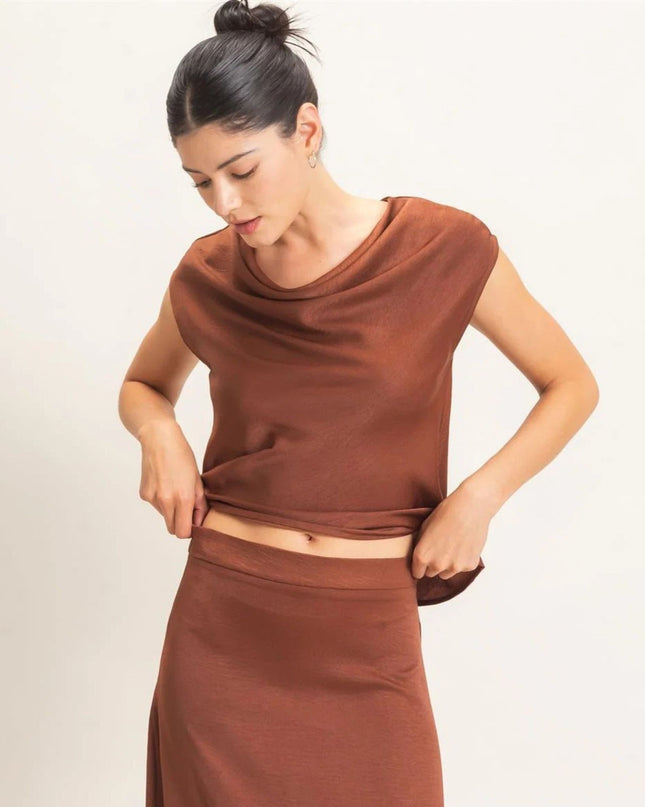 Satin Cowl Neck Sleeveless Top