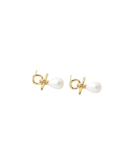 Metal Circle Bar Knot Teardrop Pearl Stud Earrings