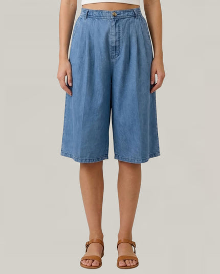 Chambray Pleated Knee Length Wide Leg Culotte Pants