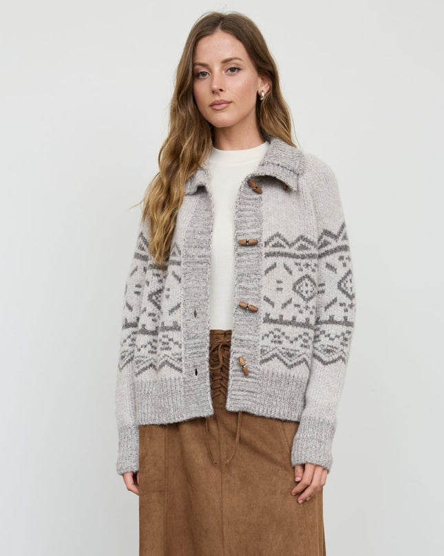 Mock Neck Toggle Button Fair Isle Cardigan Sweater