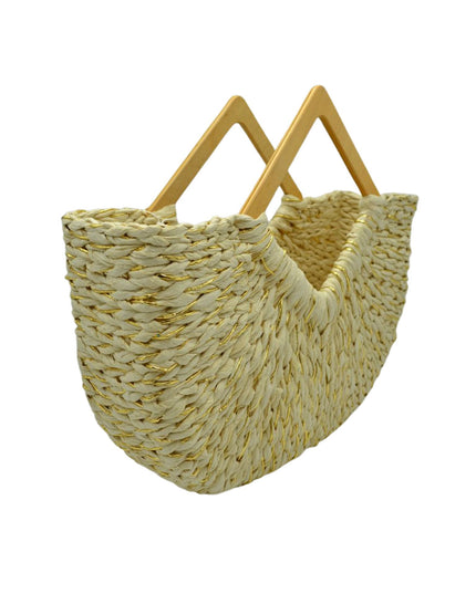 Large Straw Wood Point Handle Tote