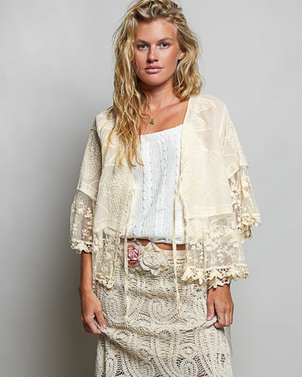 Airy Lace Contrast Half Sleeve V Neck Tie Front Cardigan Top