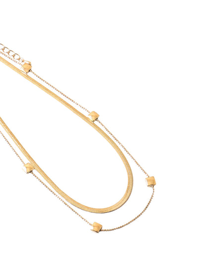 Spaced Square Metal Bead Ball Chain Flat Chain Double Layered Necklace