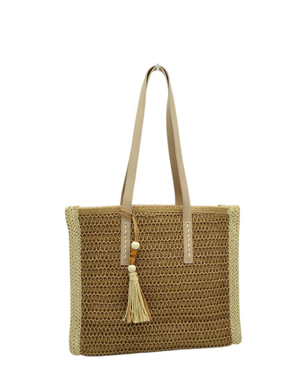 Beaded Tassel Straw Tote Bag