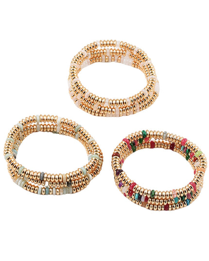 Spaced Resin Bead Gold Metal Stretch 3 Bracelet Set