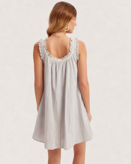 Lace Trim Ribbon Detail Striped Sleeveless Babydoll Mini Dress