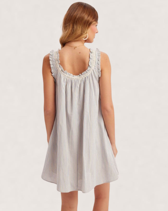 Lace Trim Ribbon Detail Striped Sleeveless Babydoll Mini Dress