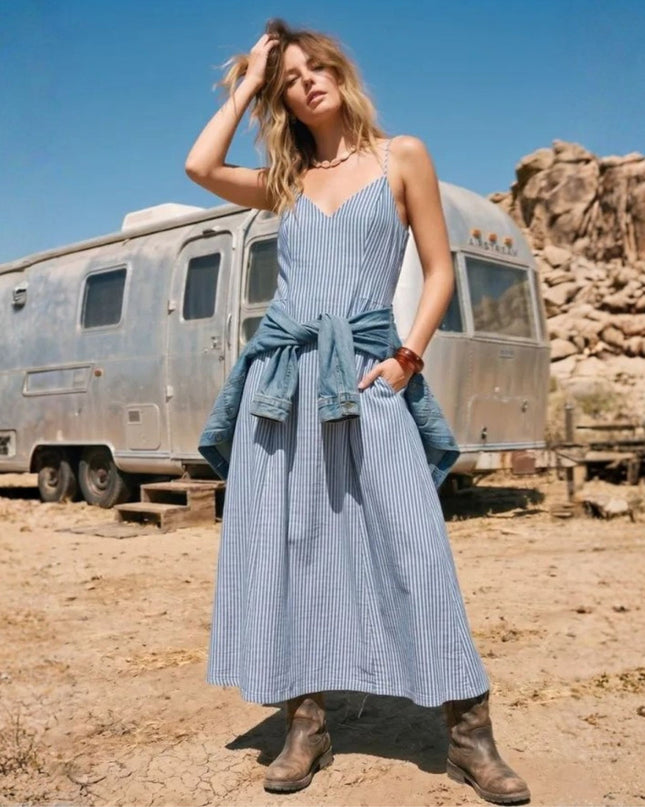 Stripe Side Pocket Smocked Back Spaghetti Strap Maxi Dress
