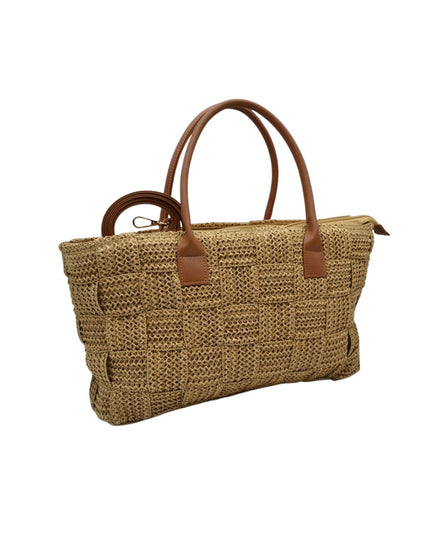 Rectangle Straw Wide Weave Vegan Handle Shoulder Bag