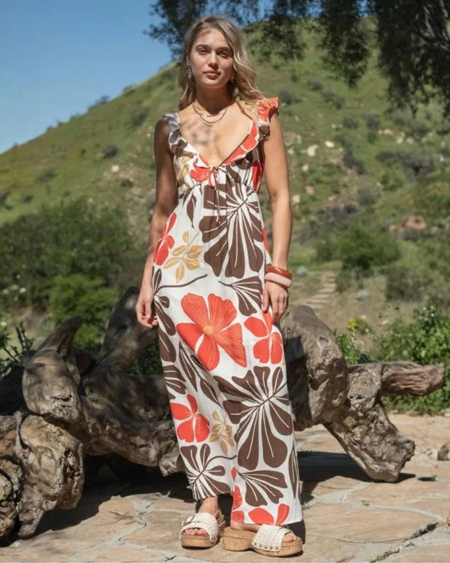 V Neck Adjustable Ruffle Strap Cut Out Back Tropical Floral Leaf Printed Maxi Dress