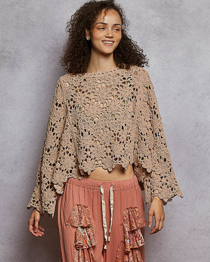 Boho Crochet Knit Scallop Hem Flare Long Sleeve Top