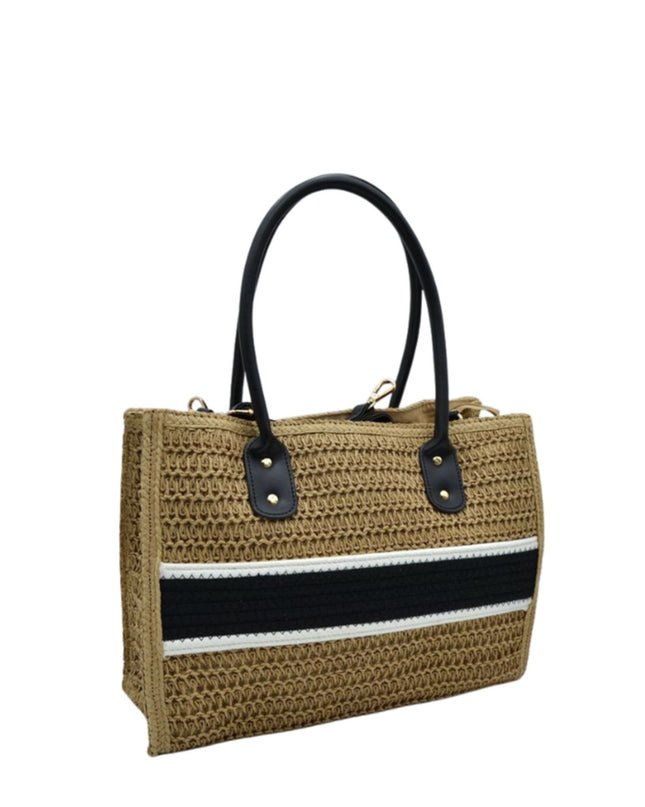 Middle Crochet Stripe Straw Shoulder Bag