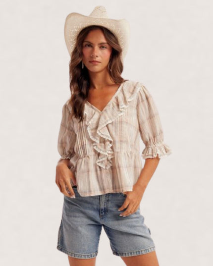 Checker Ruffled Short Sleeve Peasant Top