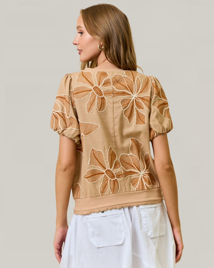 Floral Embroidered Puff Short Sleeve Top