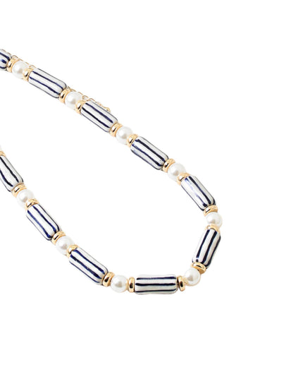 White Blue Stripe Rectangle Ceramic Bead Pearl Necklace
