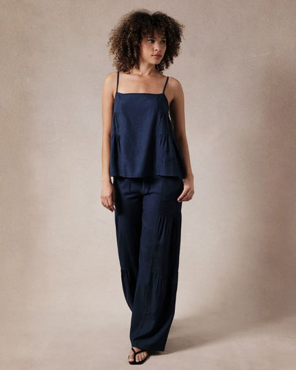 Linen Paneled Tiered Elastic Tie Waist Pants