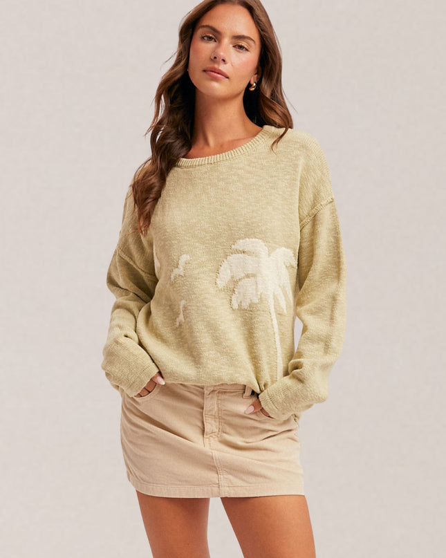 Palm Tree Motif Drop Shoulder Sweater