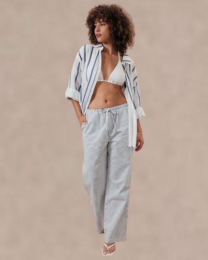 Stripe Midi Waist Drawstring Twill Pants