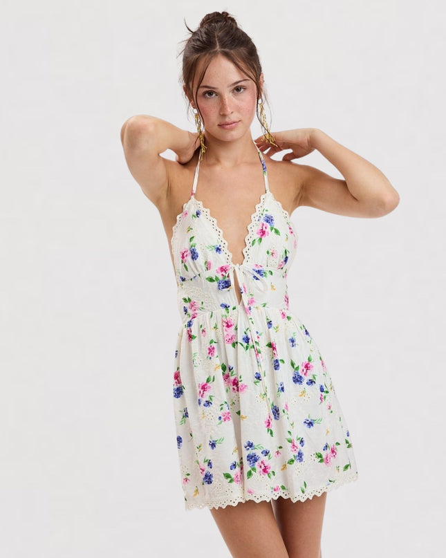 Floral Print Eyelet Halter Tie Scallop Trim Mini Dress