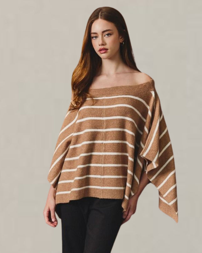 Boat Neck Striped Poncho Sweater