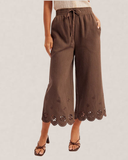 Embroidered Elastic High Waist Culotte Pants
